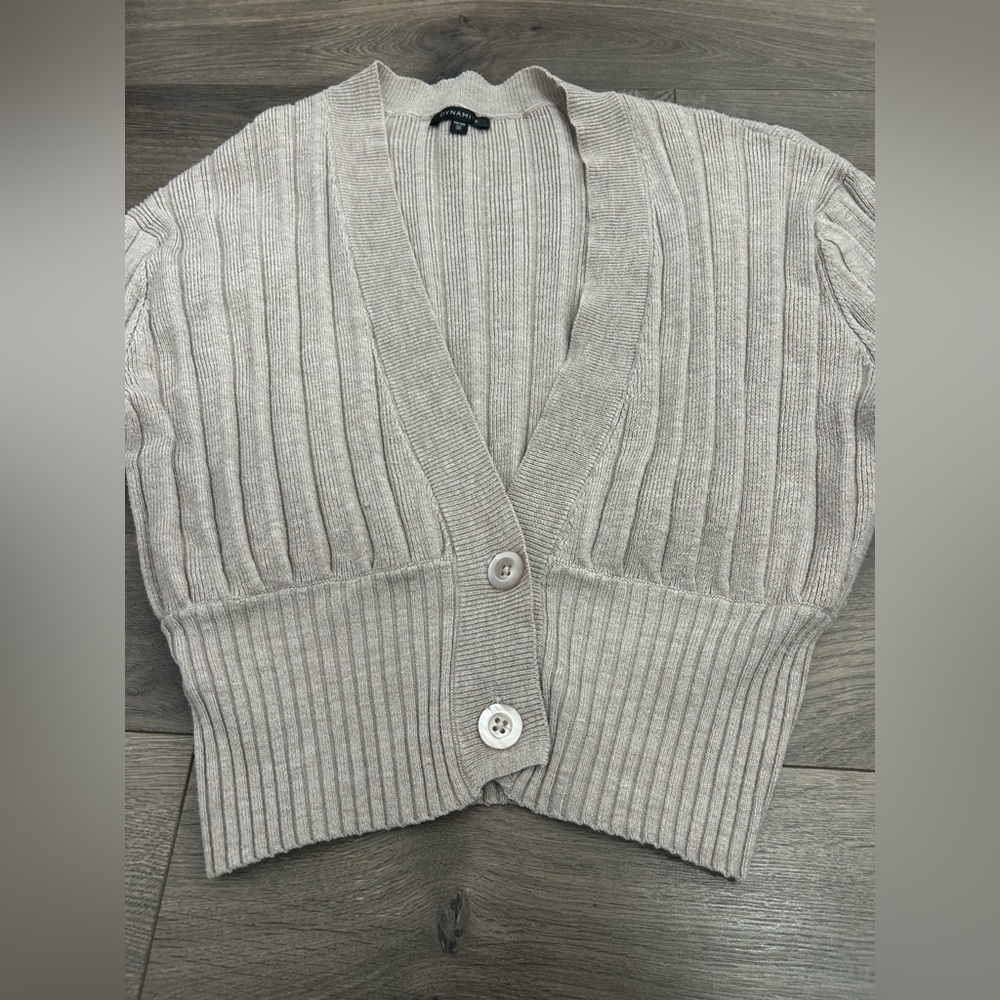 Ribbed Beige Cropped Cardigan Button Up Sweater - Picture 3 of 4